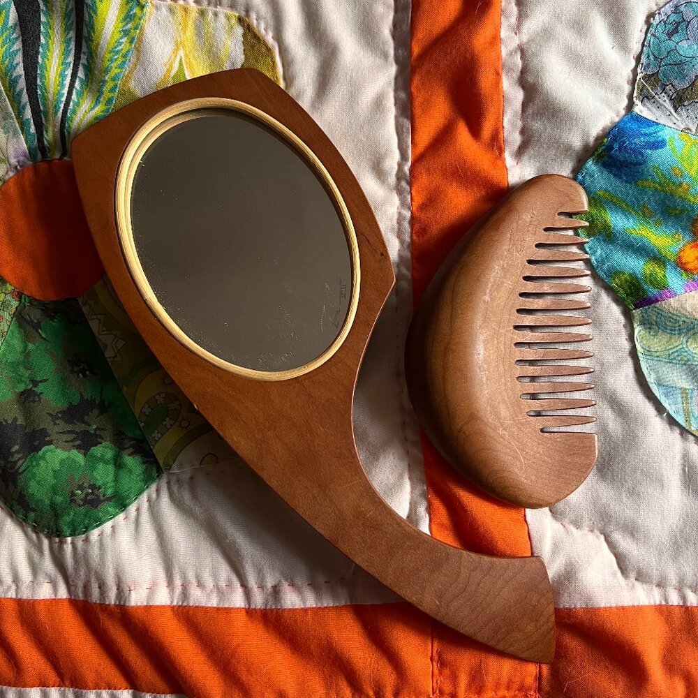Vintage MCM Carved Wood Hand Mirror & Comb Artist Signed